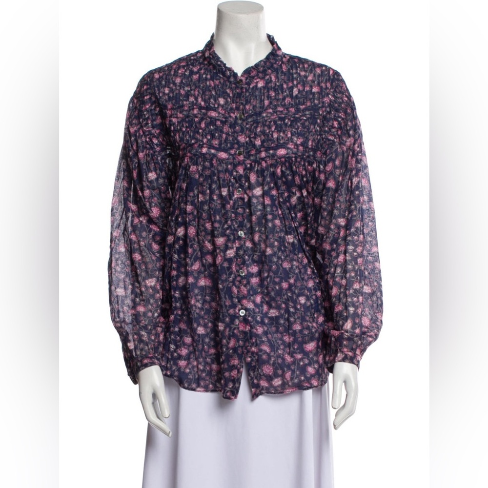 Isabel Marant Laila Gathered Floral Print Blouse - Picture 2 of 10